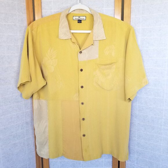 Vintage Tommy Bahama Silk Camp Shirt Size Large Yellow Gold Mixed Media - Picture 1 of 8
